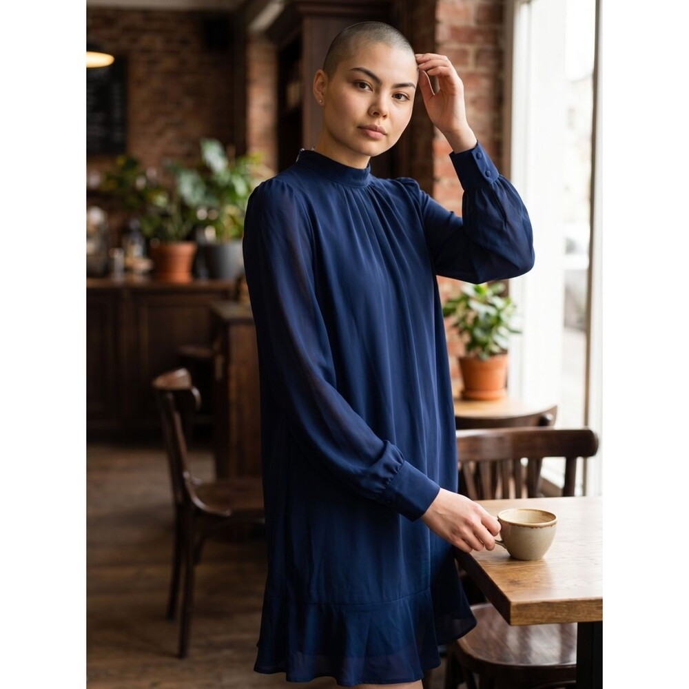 She + Sky Navy Long Sleeve High-Neck Shift Dress